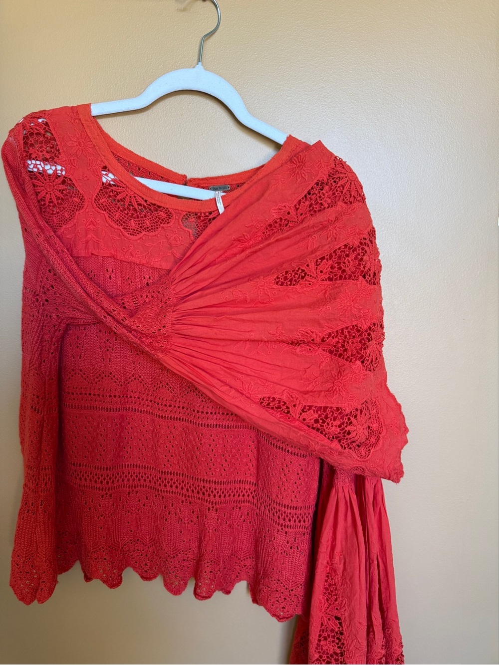 Free People Crochet Lace Bell-Sleeve Top - Red/Orange Size M - Picture 4 of 5